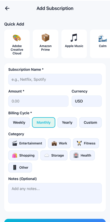 Substracker add subscription screen
