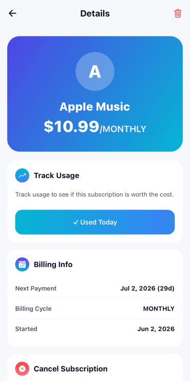 Substracker subscription details screen